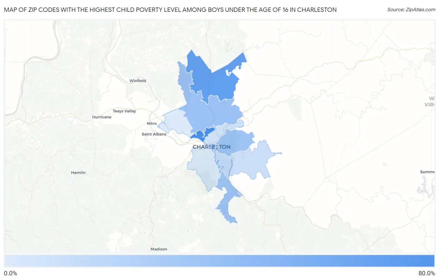 Zip Codes with the Highest Child Poverty Level Among Boys Under the Age of 16 in Charleston Map