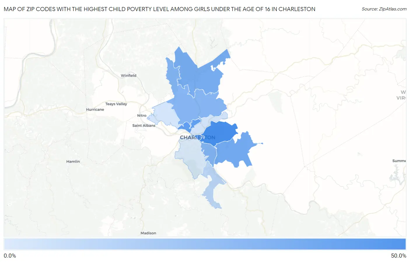 Zip Codes with the Highest Child Poverty Level Among Girls Under the Age of 16 in Charleston Map