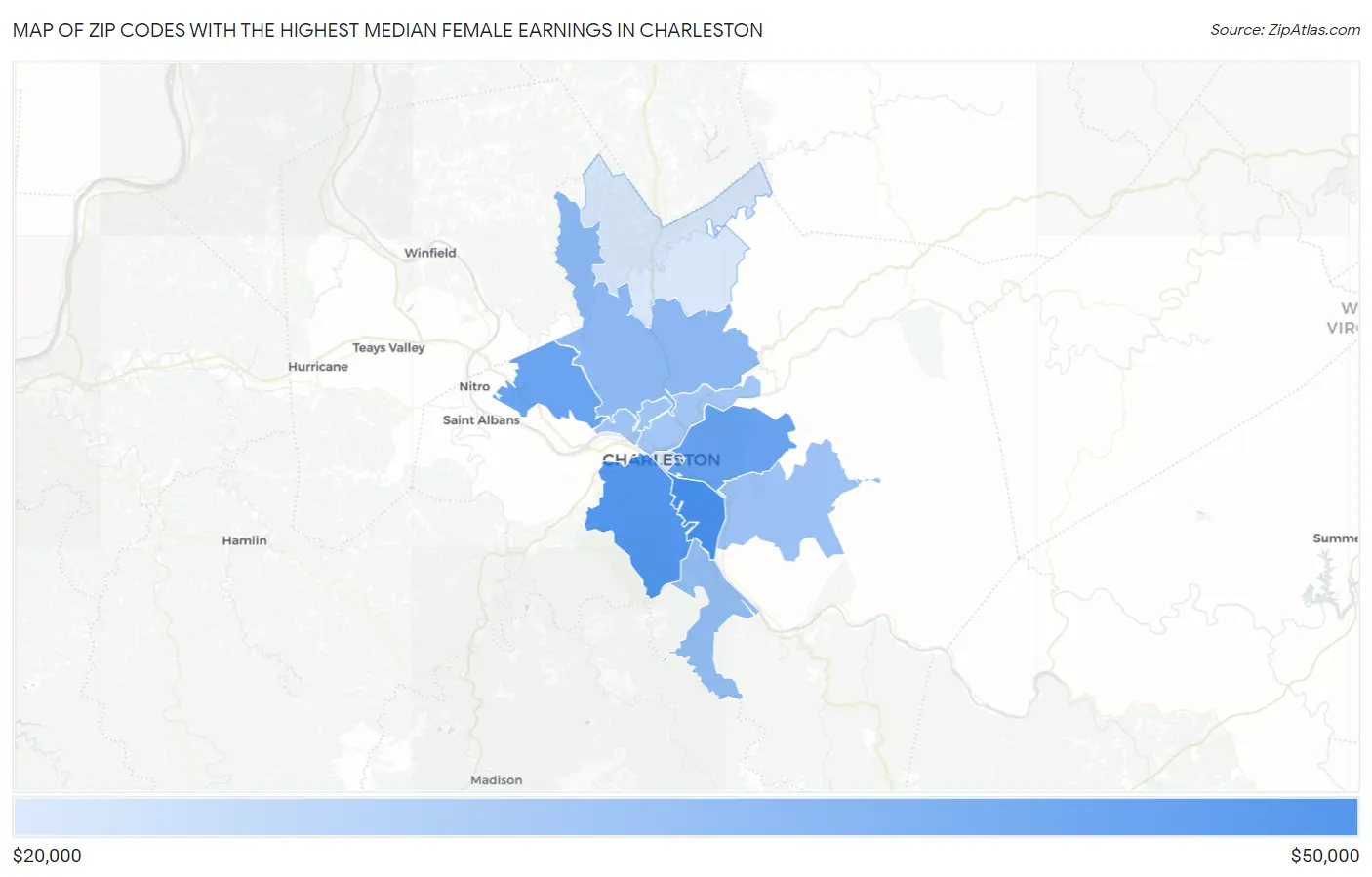 Zip Codes with the Highest Median Female Earnings in Charleston Map