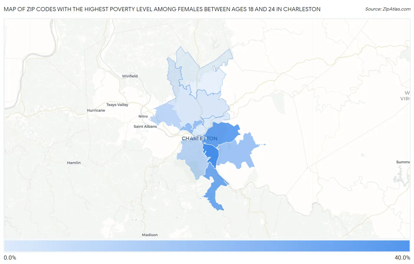 Zip Codes with the Highest Poverty Level Among Females Between Ages 18 and 24 in Charleston Map