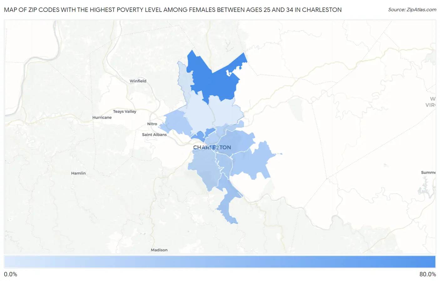 Zip Codes with the Highest Poverty Level Among Females Between Ages 25 and 34 in Charleston Map