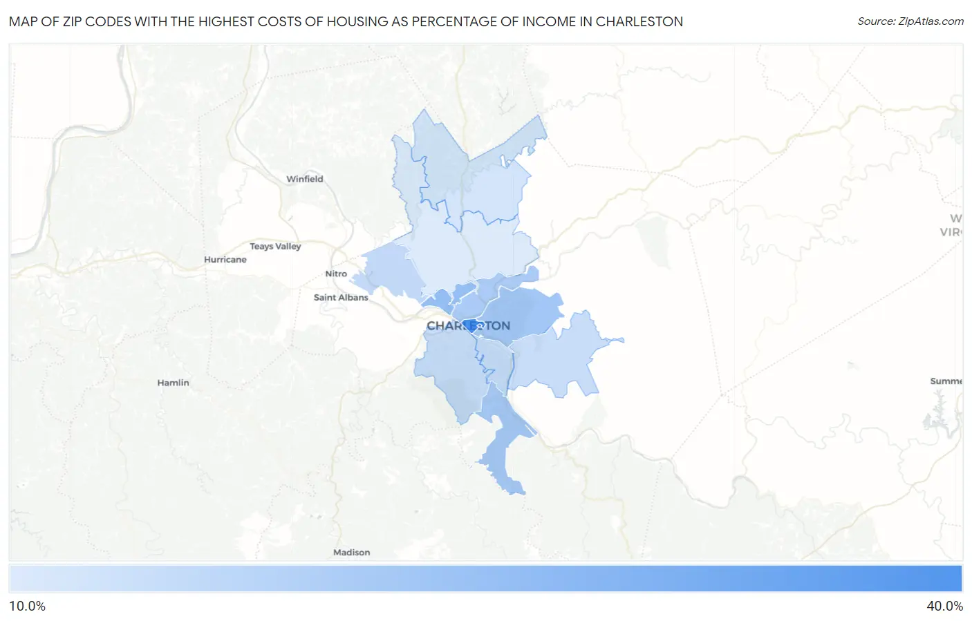 Zip Codes with the Highest Costs of Housing as Percentage of Income in Charleston Map