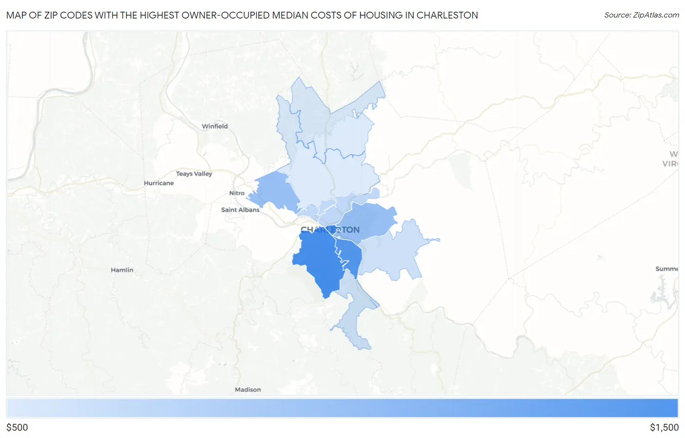 Zip Codes with the Highest Owner-Occupied Median Costs of Housing in Charleston Map