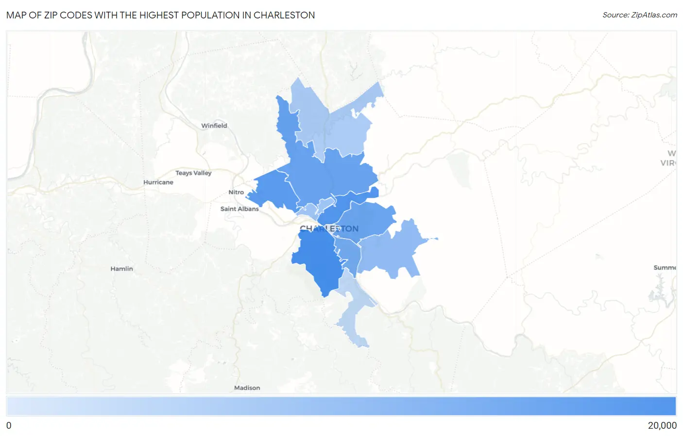 Zip Codes with the Highest Population in Charleston Map
