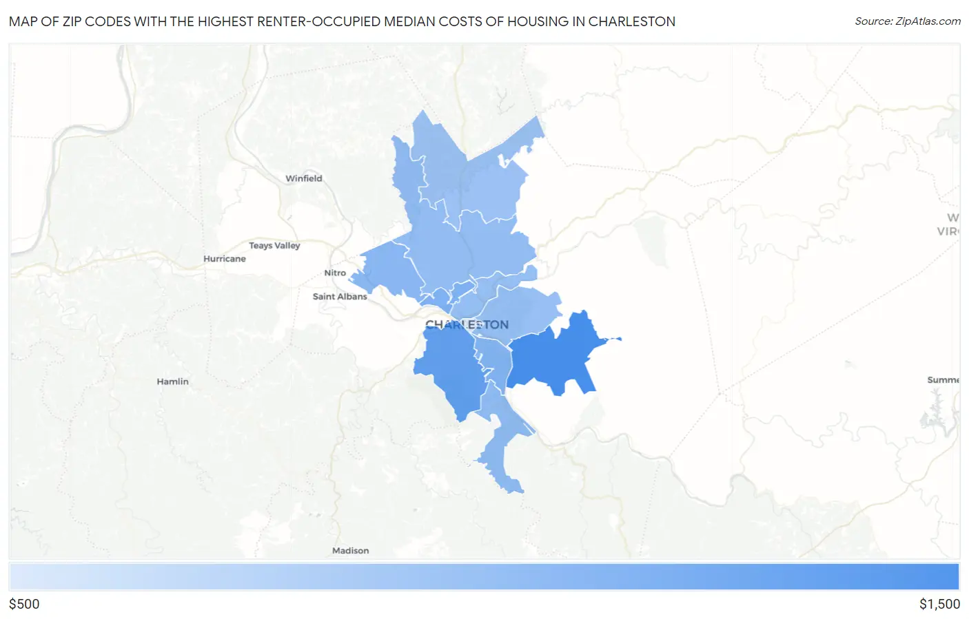 Zip Codes with the Highest Renter-Occupied Median Costs of Housing in Charleston Map