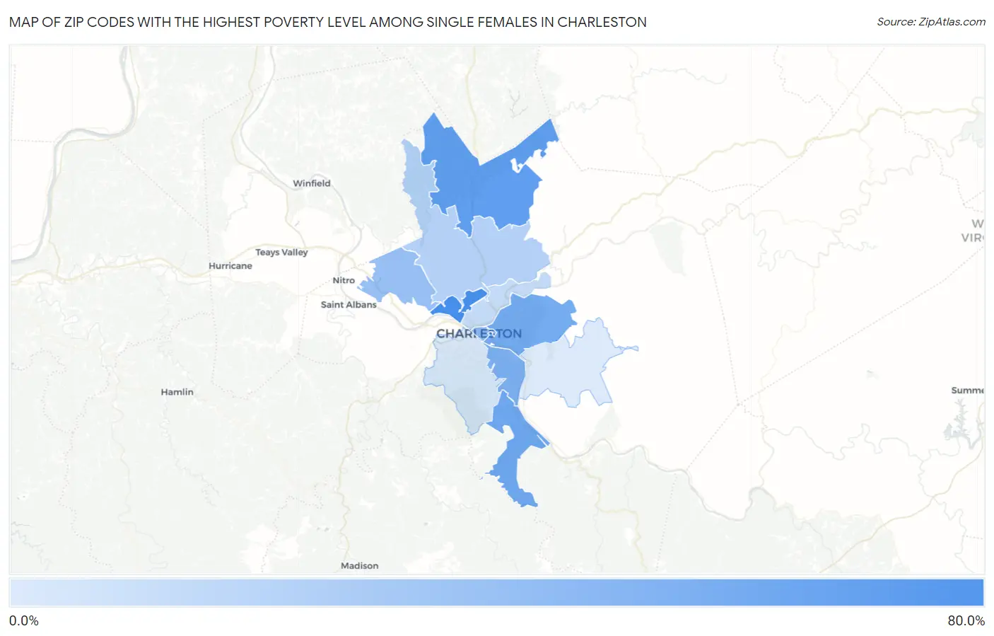 Zip Codes with the Highest Poverty Level Among Single Females in Charleston Map