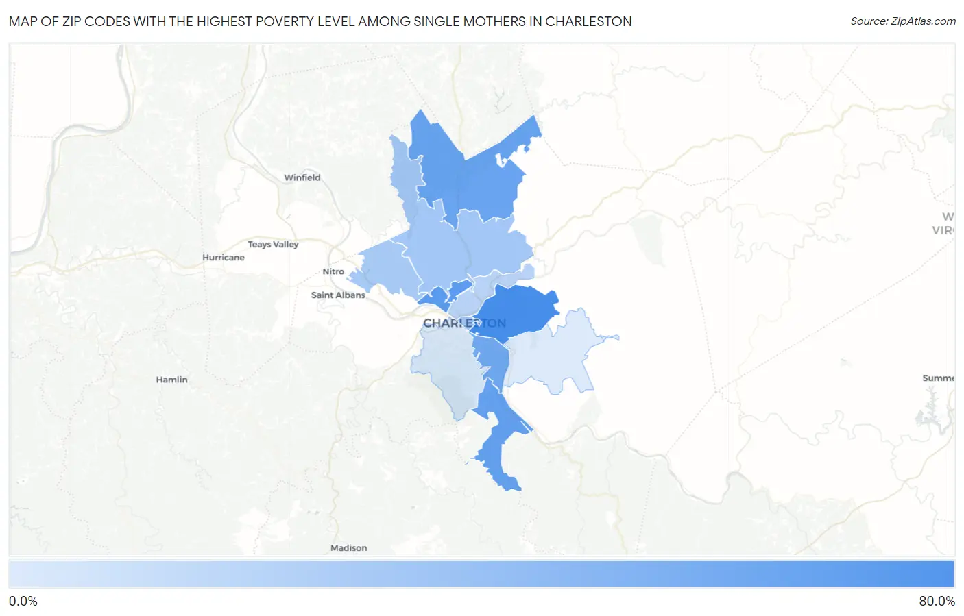 Zip Codes with the Highest Poverty Level Among Single Mothers in Charleston Map