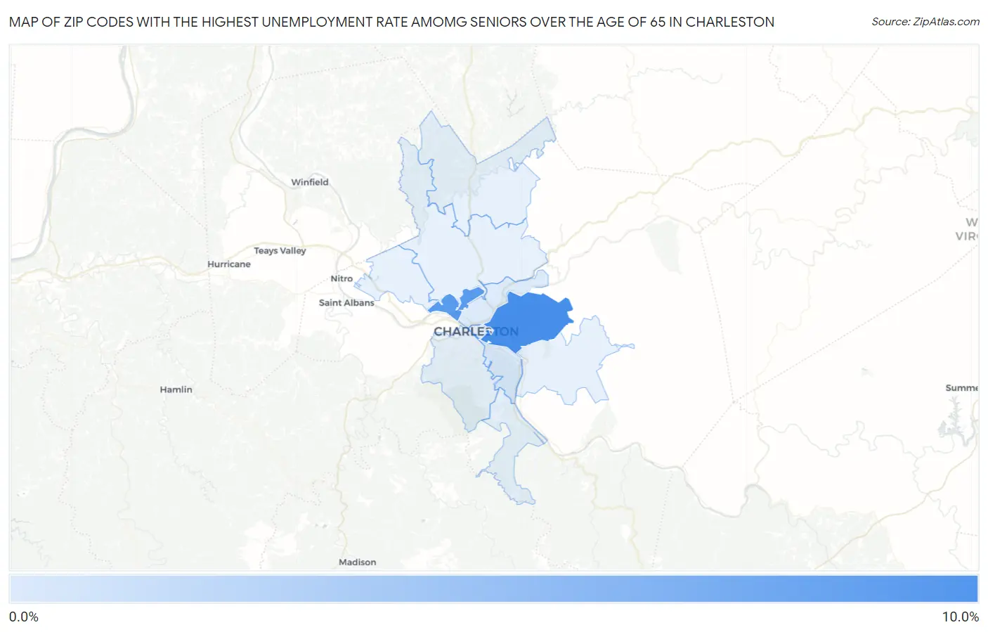 Zip Codes with the Highest Unemployment Rate Amomg Seniors Over the Age of 65 in Charleston Map
