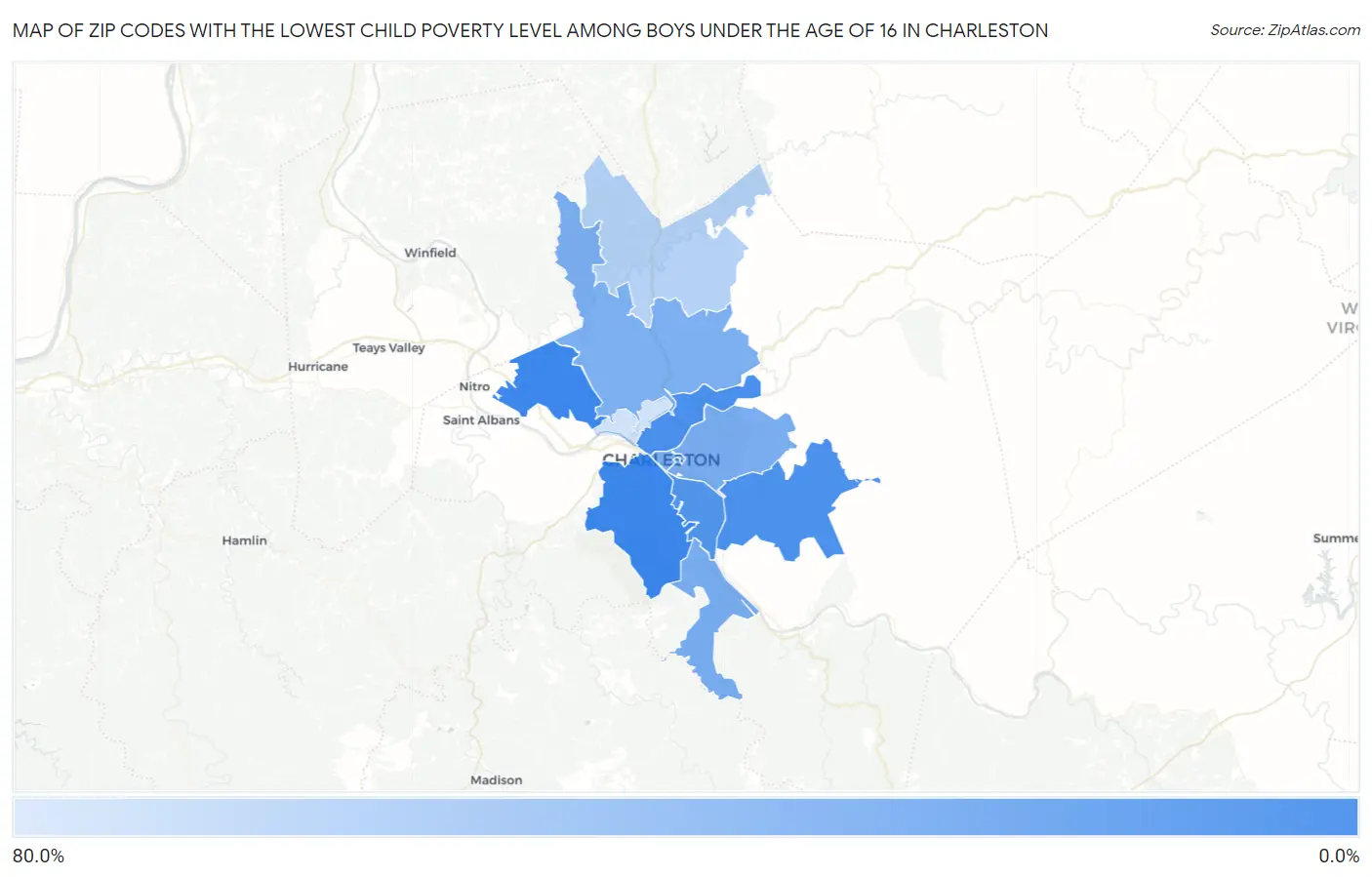 Zip Codes with the Lowest Child Poverty Level Among Boys Under the Age of 16 in Charleston Map