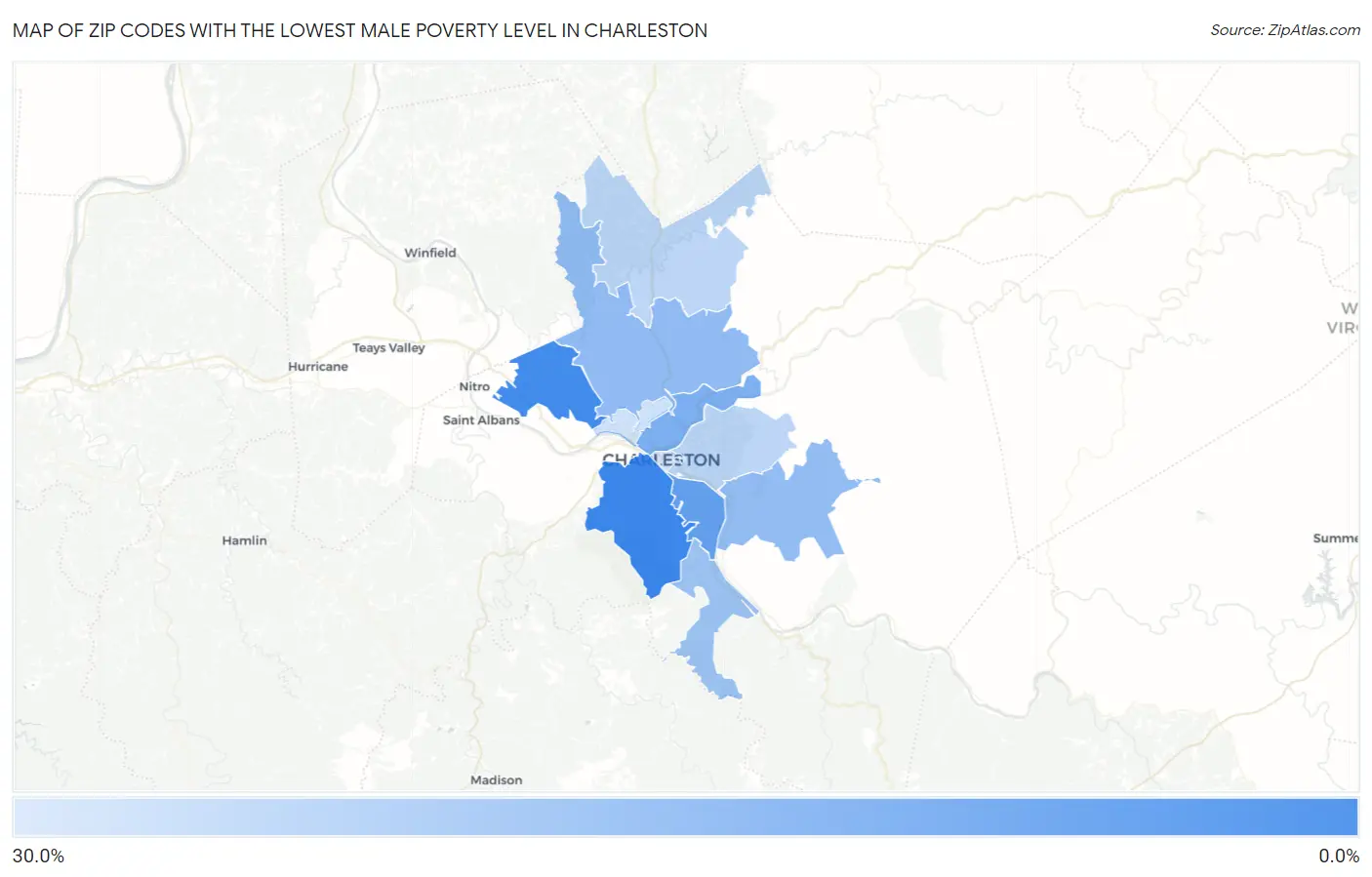 Zip Codes with the Lowest Male Poverty Level in Charleston Map