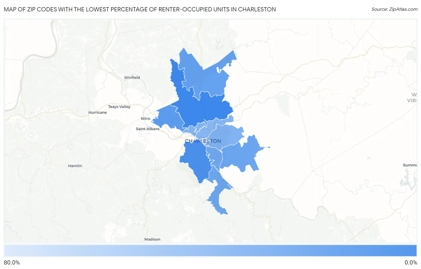 Zip Codes with the Lowest Percentage of Renter-Occupied Units in Charleston Map