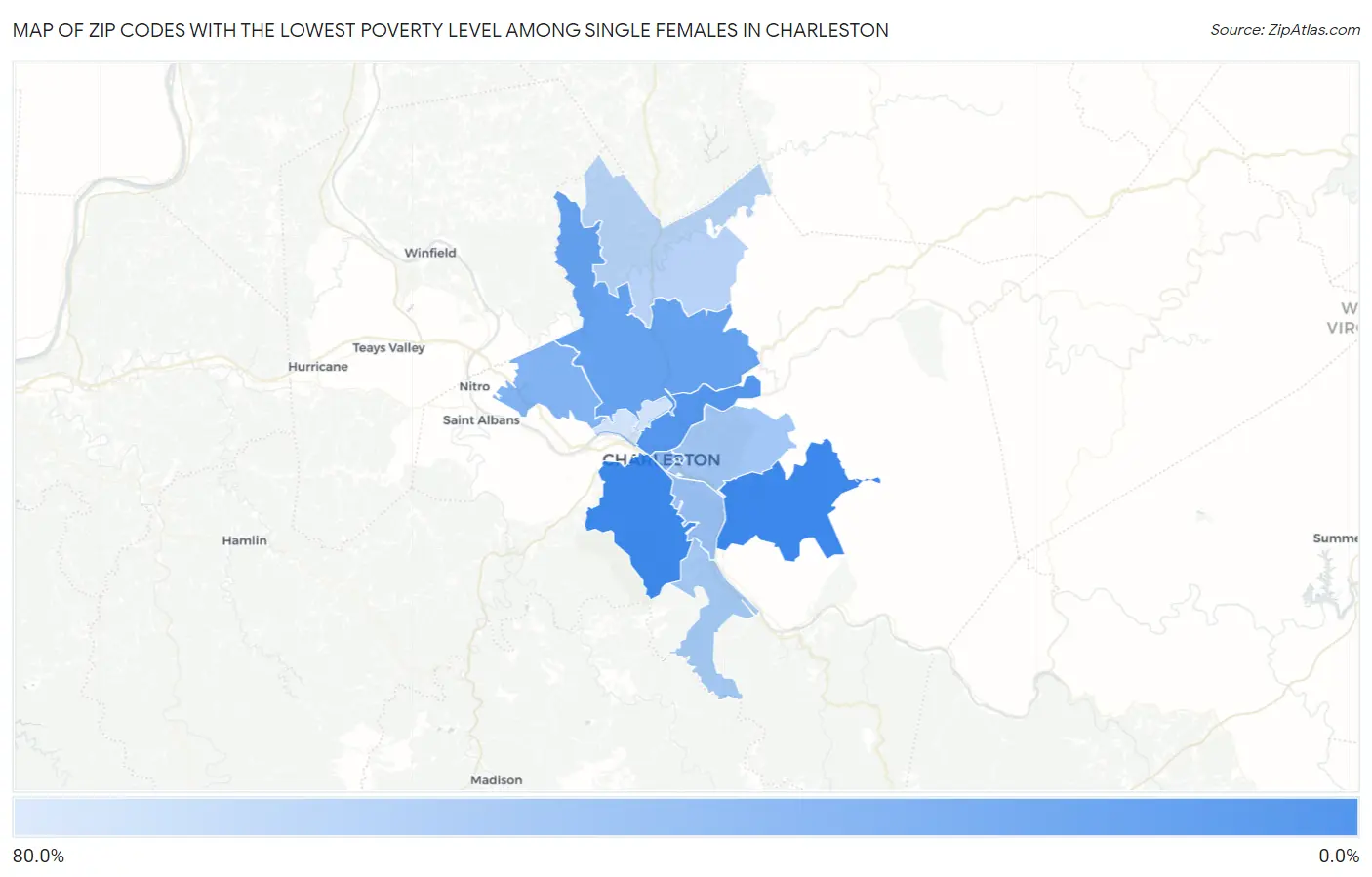 Zip Codes with the Lowest Poverty Level Among Single Females in Charleston Map