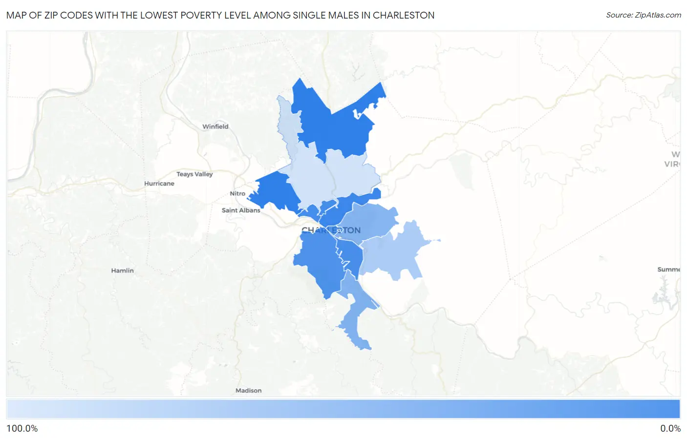 Zip Codes with the Lowest Poverty Level Among Single Males in Charleston Map
