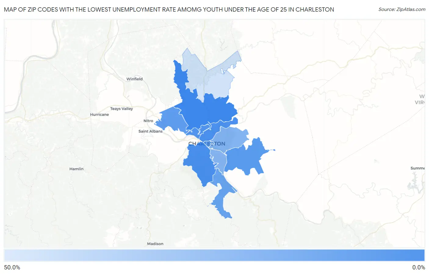 Zip Codes with the Lowest Unemployment Rate Amomg Youth Under the Age of 25 in Charleston Map