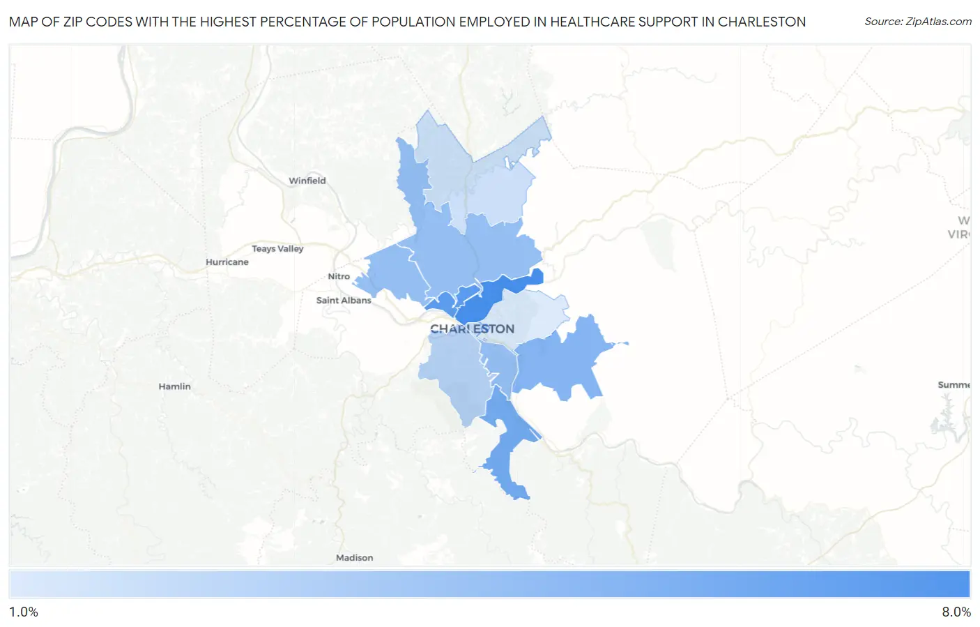 Zip Codes with the Highest Percentage of Population Employed in Healthcare Support in Charleston Map