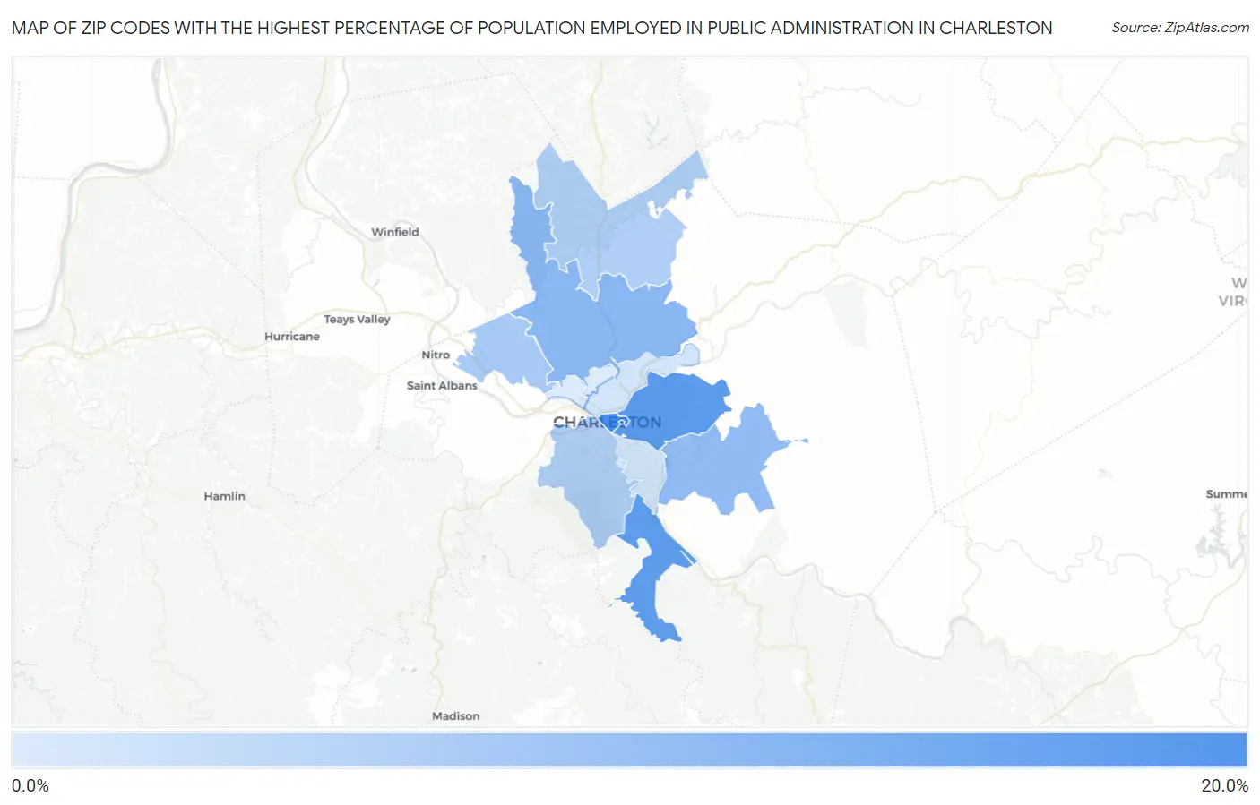 Zip Codes with the Highest Percentage of Population Employed in Public Administration in Charleston Map