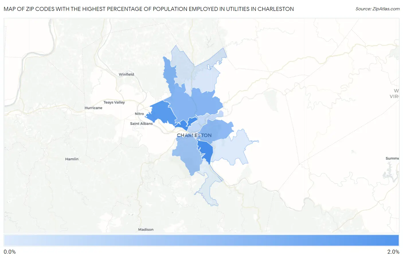 Zip Codes with the Highest Percentage of Population Employed in Utilities in Charleston Map