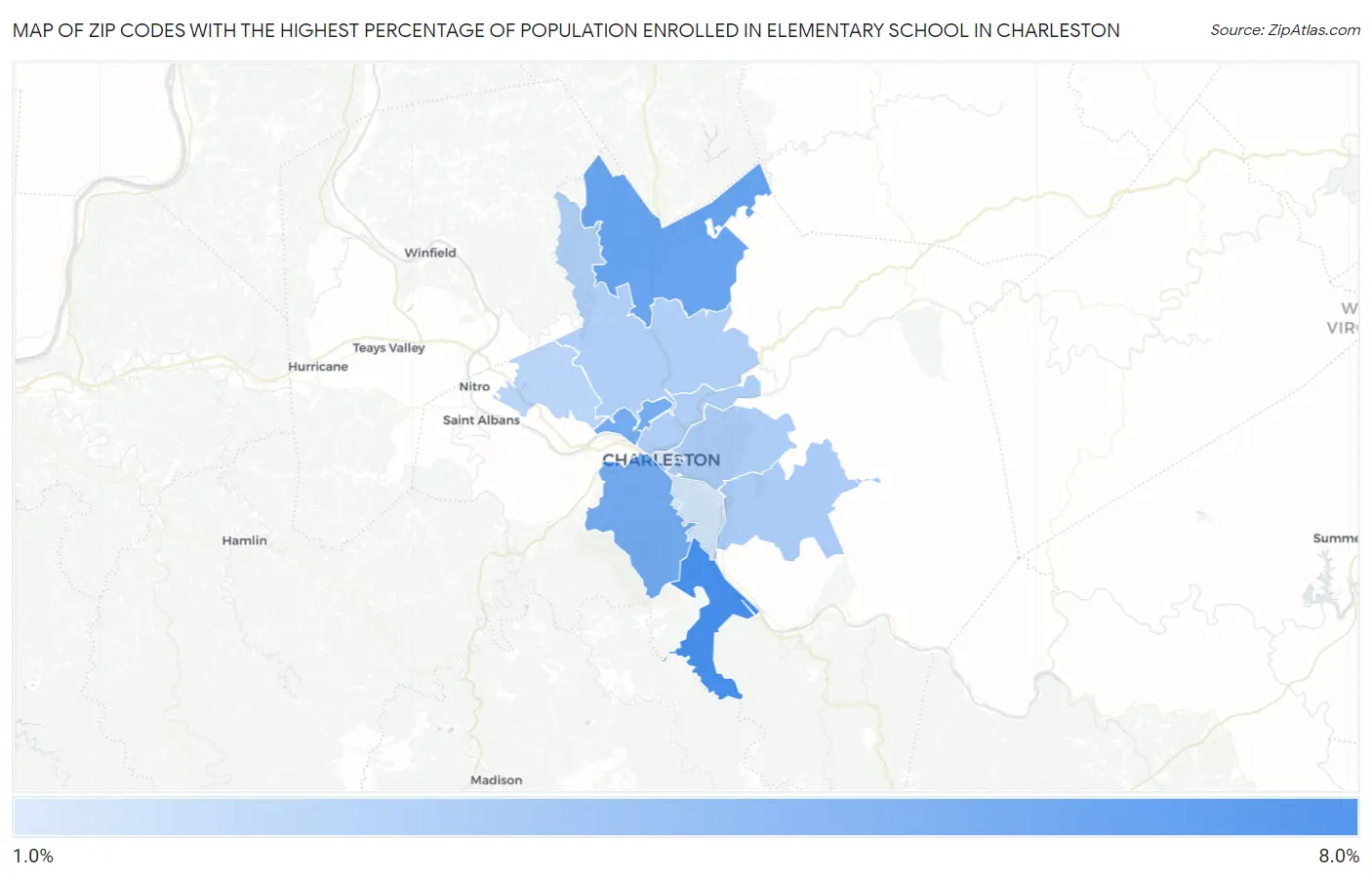 Zip Codes with the Highest Percentage of Population Enrolled in Elementary School in Charleston Map