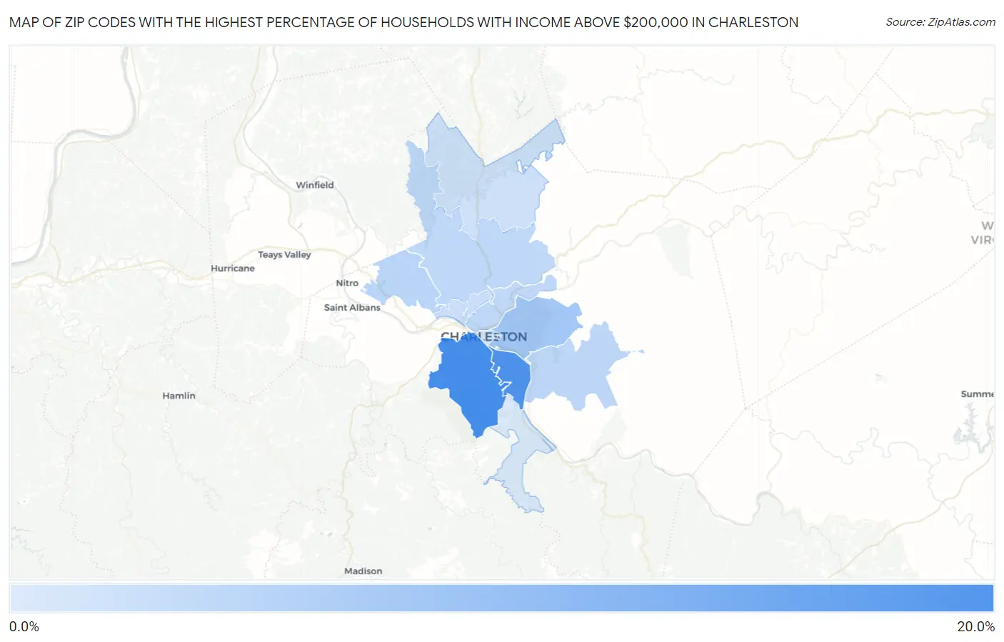 Zip Codes with the Highest Percentage of Households with Income Above $200,000 in Charleston Map