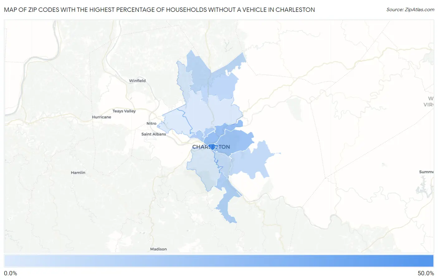 Zip Codes with the Highest Percentage of Households Without a Vehicle in Charleston Map