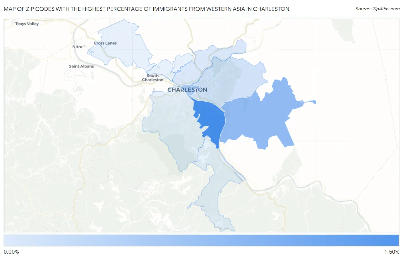 Zip Codes with the Highest Percentage of Immigrants from Western Asia in Charleston Map