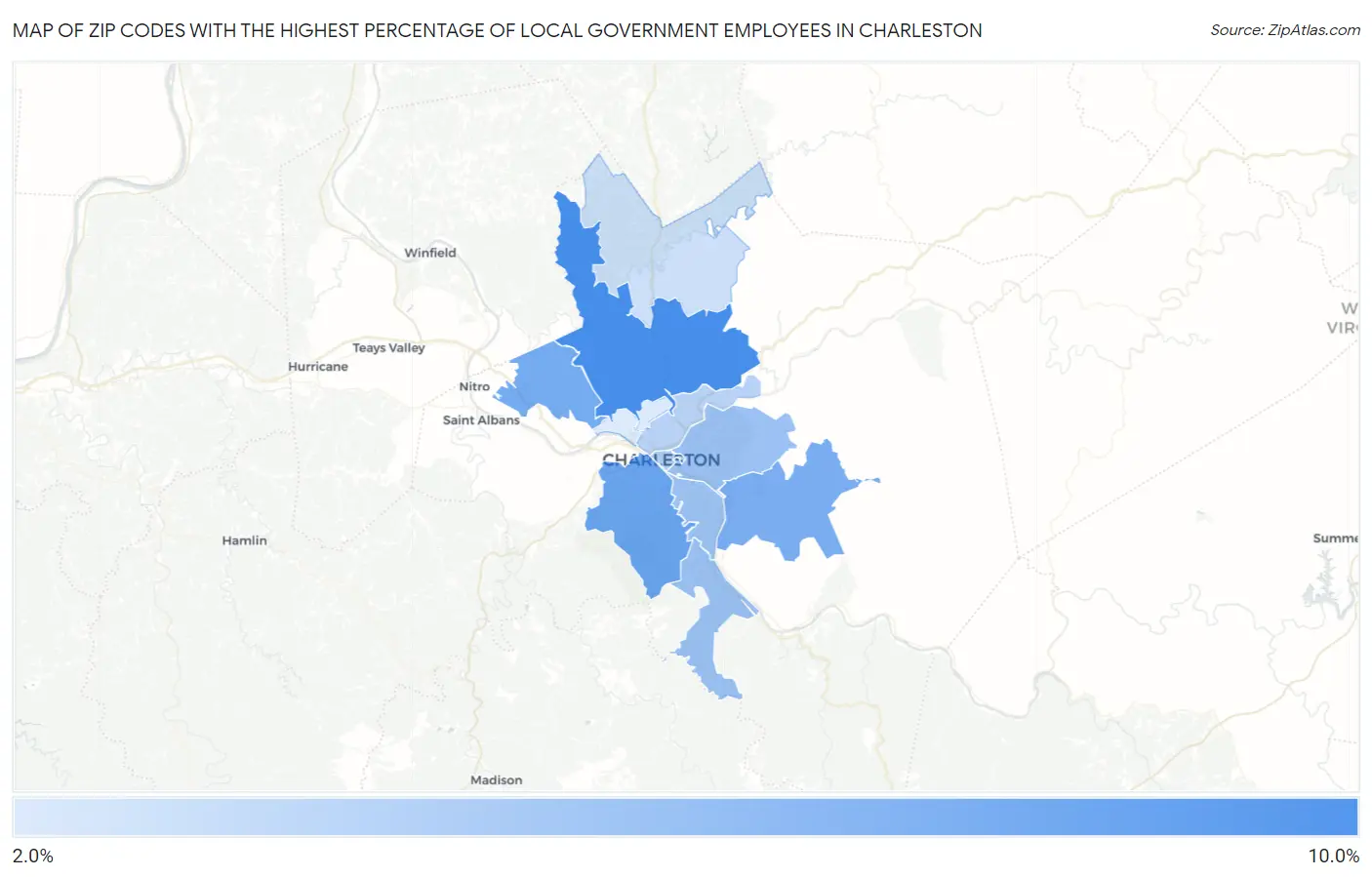 Zip Codes with the Highest Percentage of Local Government Employees in Charleston Map
