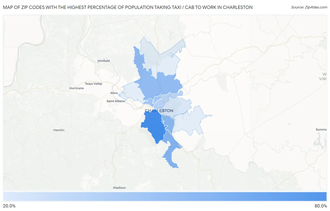 Zip Codes with the Highest Percentage of Population Taking Taxi / Cab to Work in Charleston Map