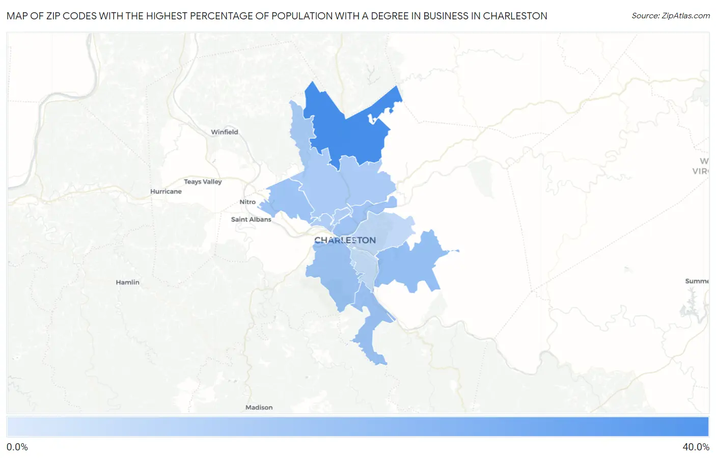 Zip Codes with the Highest Percentage of Population with a Degree in Business in Charleston Map