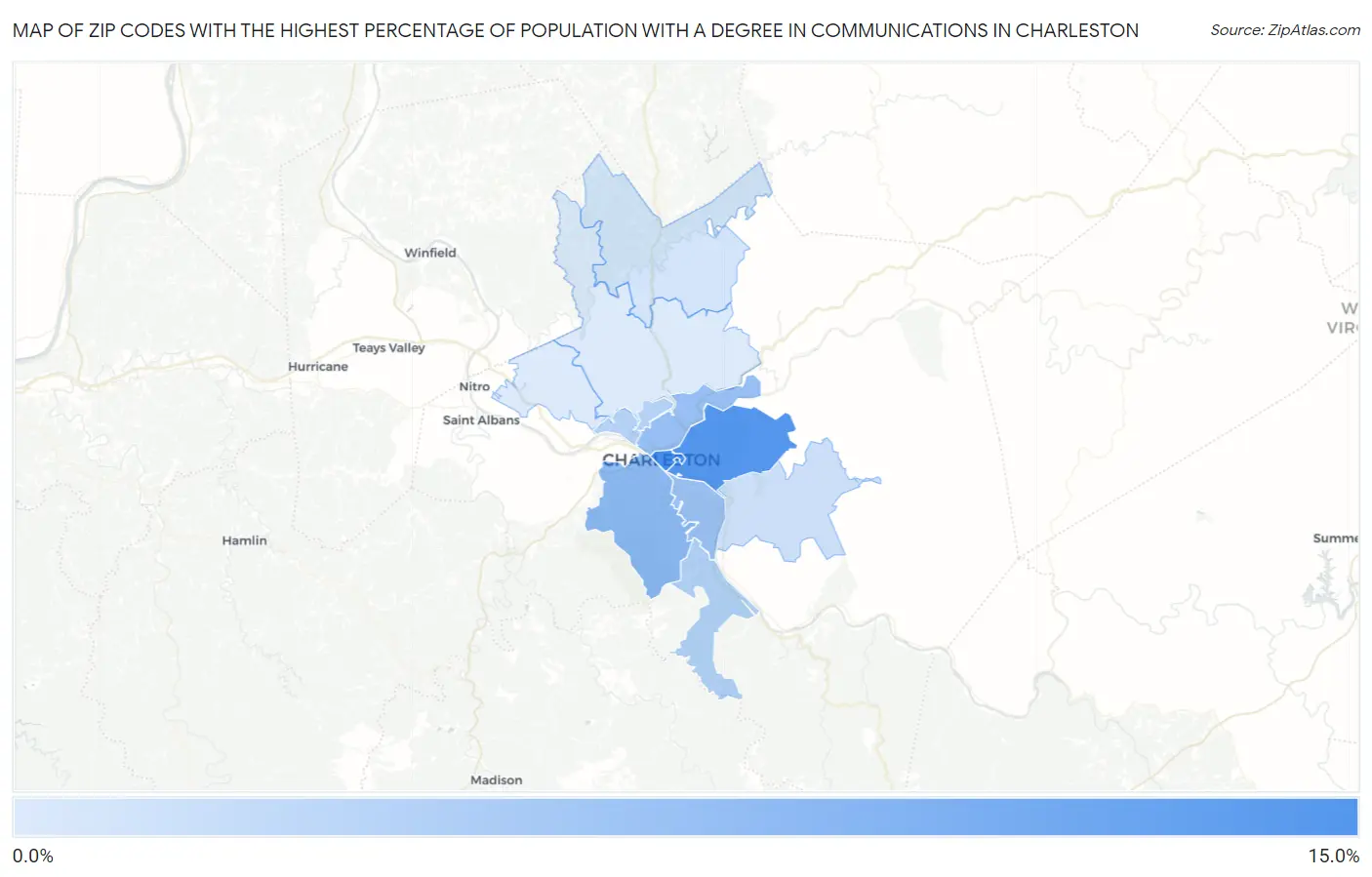 Zip Codes with the Highest Percentage of Population with a Degree in Communications in Charleston Map