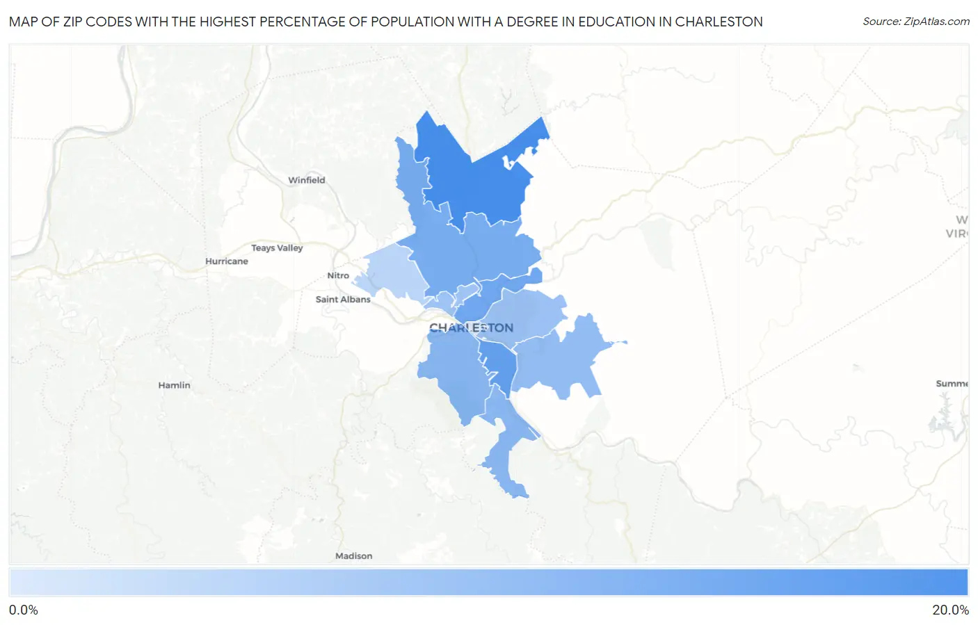 Zip Codes with the Highest Percentage of Population with a Degree in Education in Charleston Map