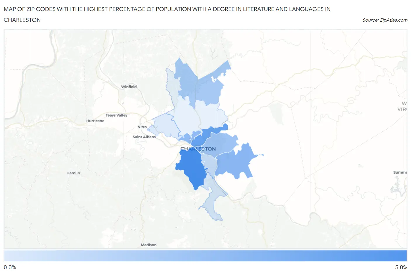 Zip Codes with the Highest Percentage of Population with a Degree in Literature and Languages in Charleston Map