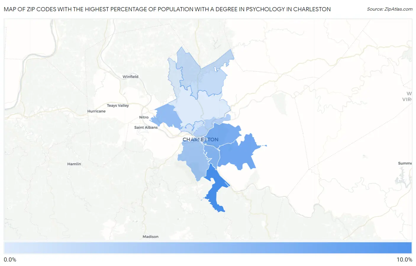 Zip Codes with the Highest Percentage of Population with a Degree in Psychology in Charleston Map