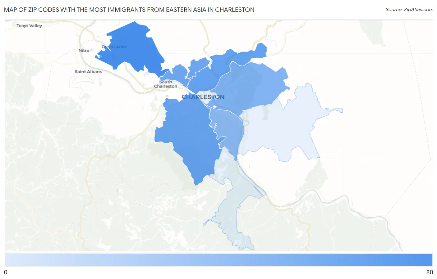 Zip Codes with the Most Immigrants from Eastern Asia in Charleston Map