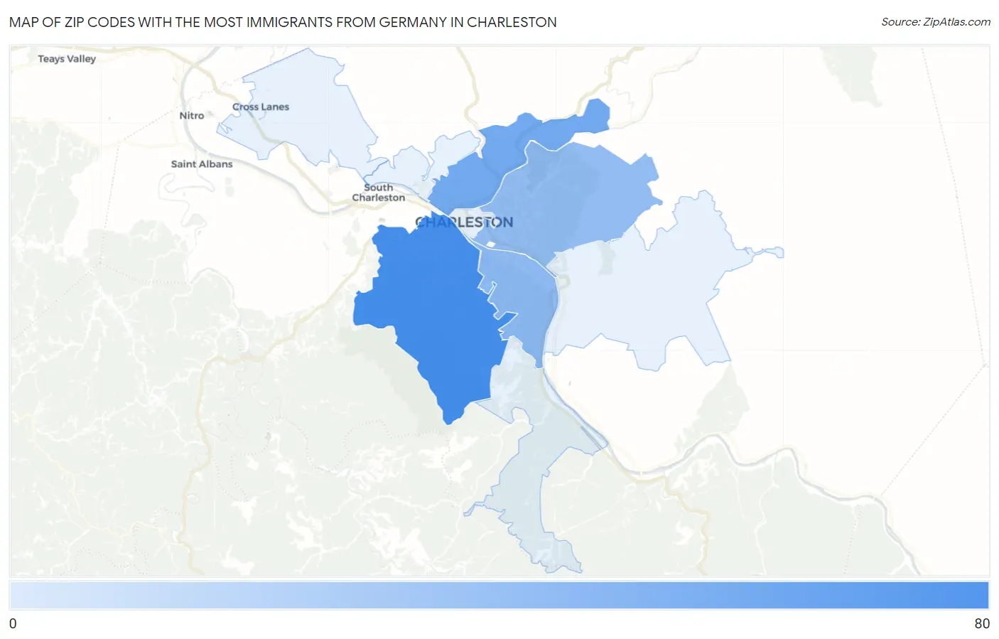 Zip Codes with the Most Immigrants from Germany in Charleston Map