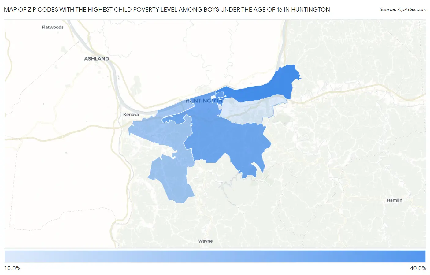 Zip Codes with the Highest Child Poverty Level Among Boys Under the Age of 16 in Huntington Map