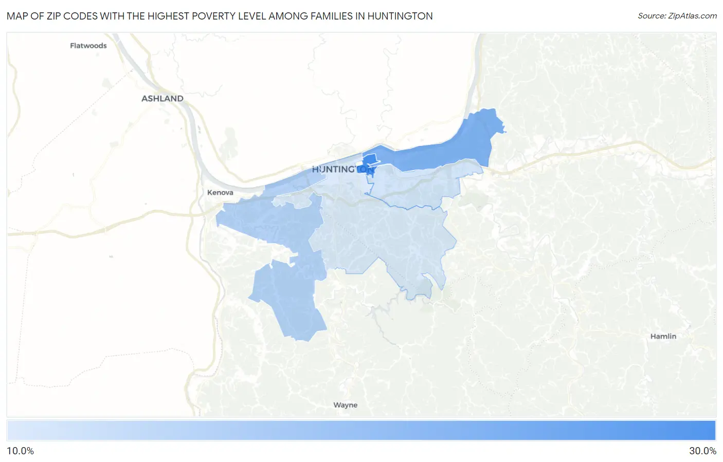 Zip Codes with the Highest Poverty Level Among Families in Huntington Map