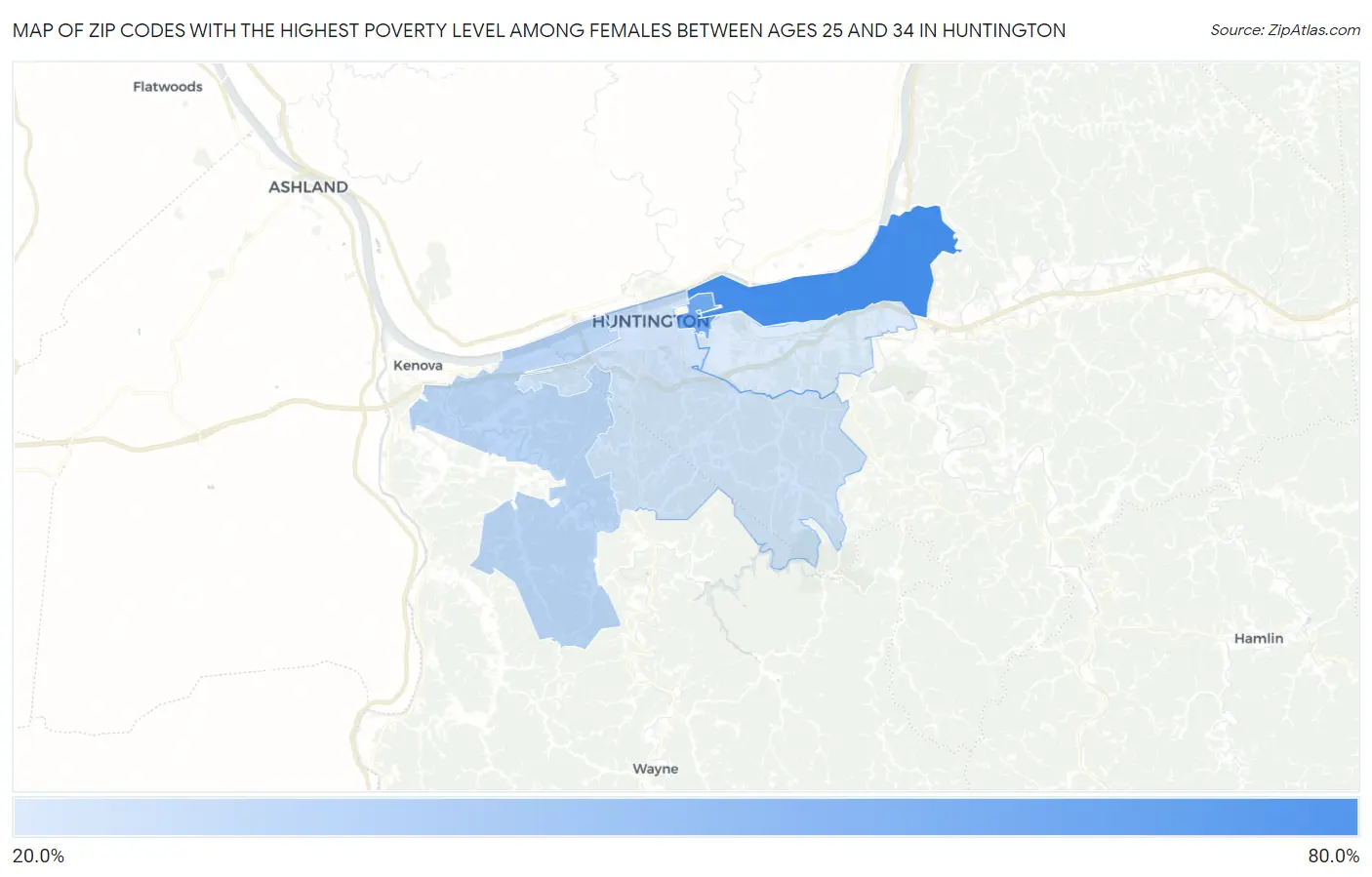 Zip Codes with the Highest Poverty Level Among Females Between Ages 25 and 34 in Huntington Map