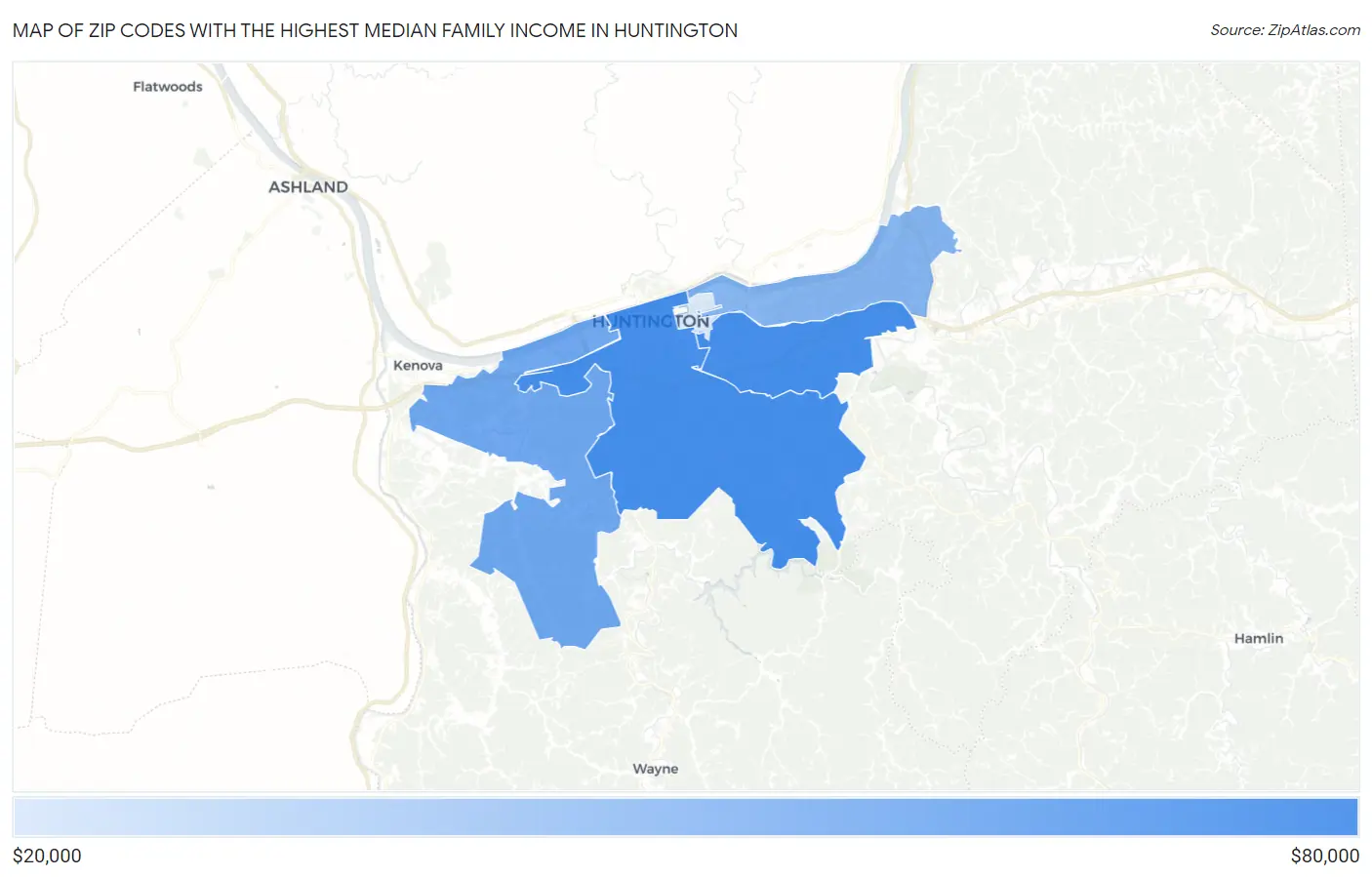 Zip Codes with the Highest Median Family Income in Huntington Map