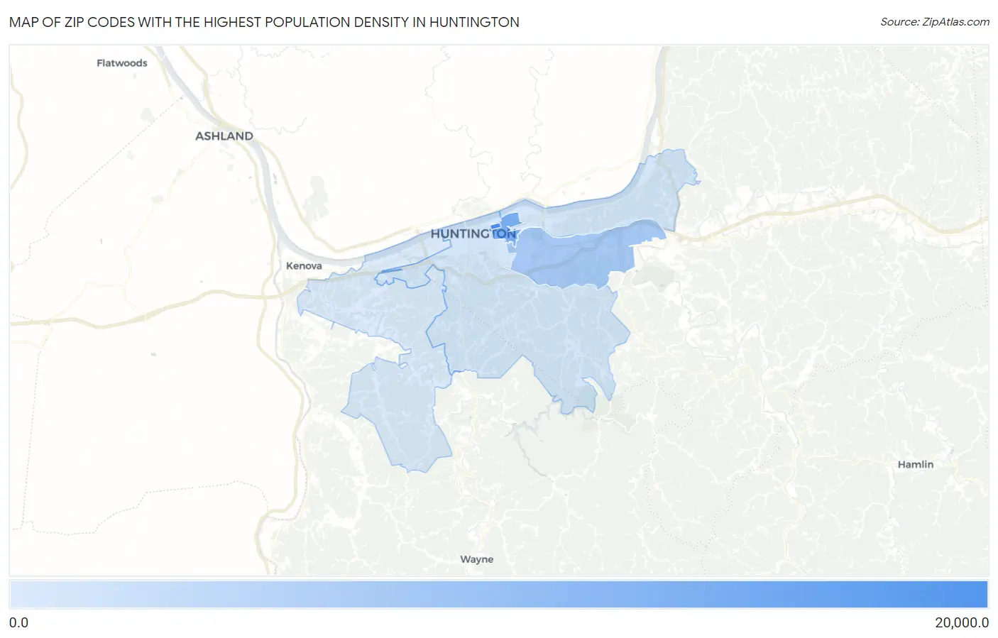 Zip Codes with the Highest Population Density in Huntington Map