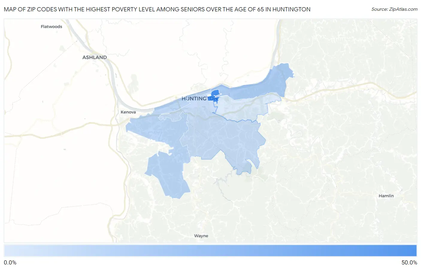 Zip Codes with the Highest Poverty Level Among Seniors Over the Age of 65 in Huntington Map