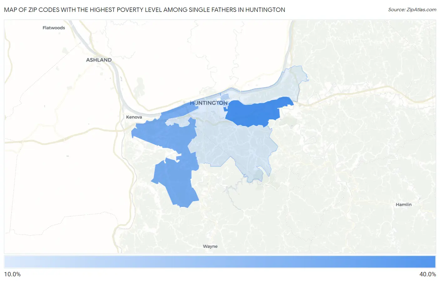 Zip Codes with the Highest Poverty Level Among Single Fathers in Huntington Map