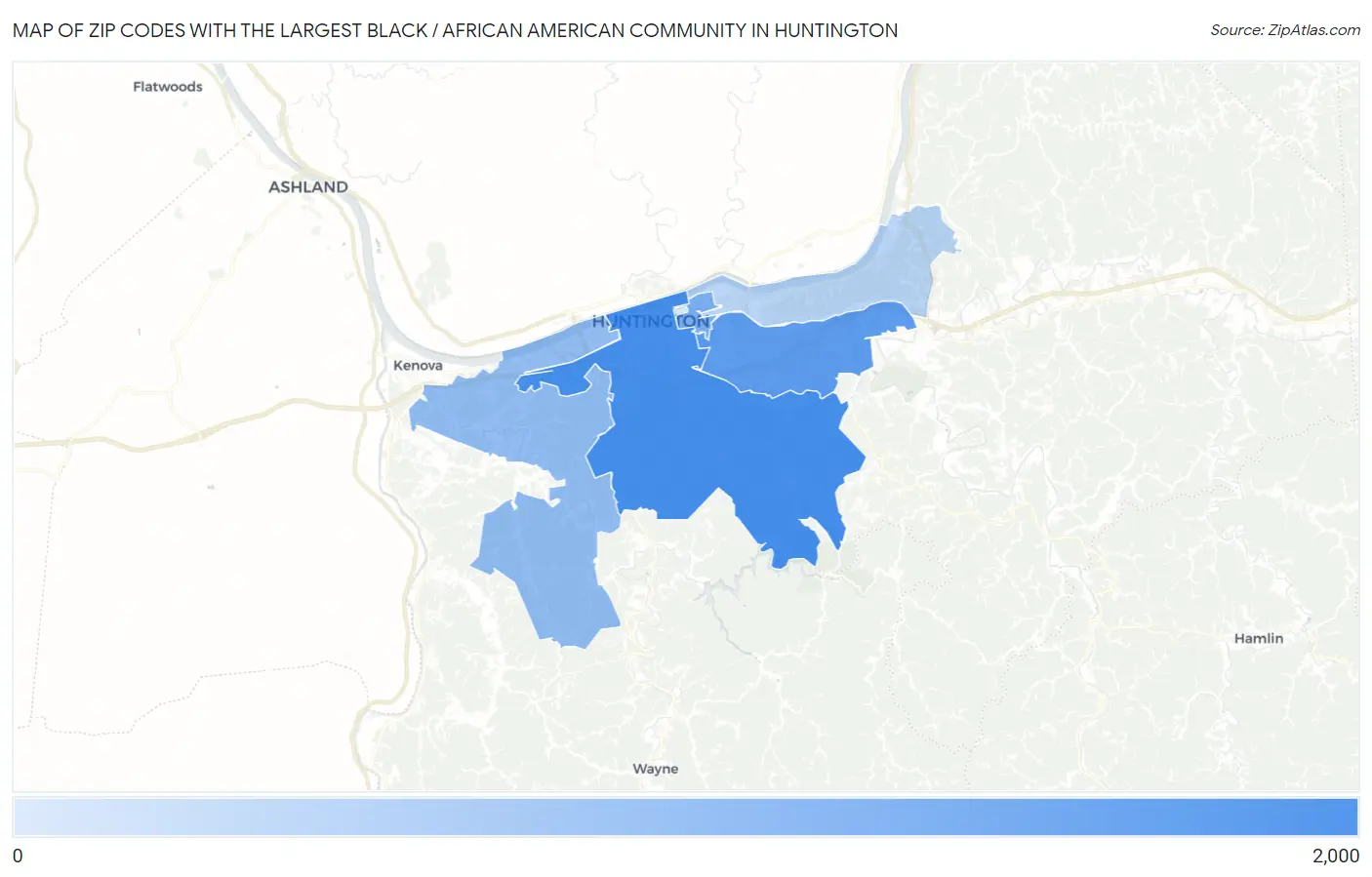 Zip Codes with the Largest Black / African American Community in Huntington Map