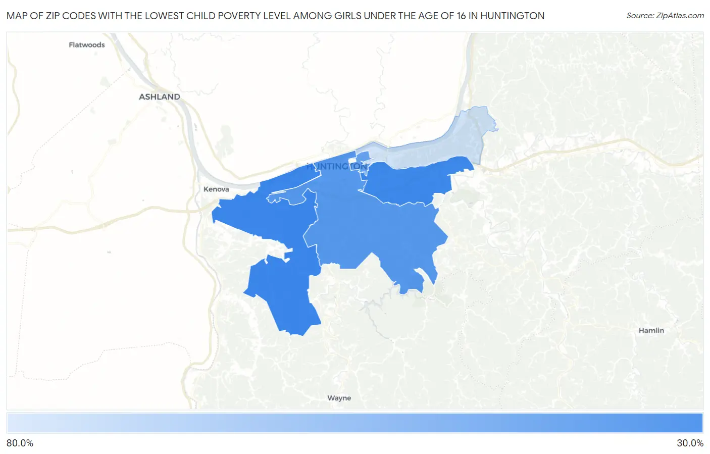 Zip Codes with the Lowest Child Poverty Level Among Girls Under the Age of 16 in Huntington Map