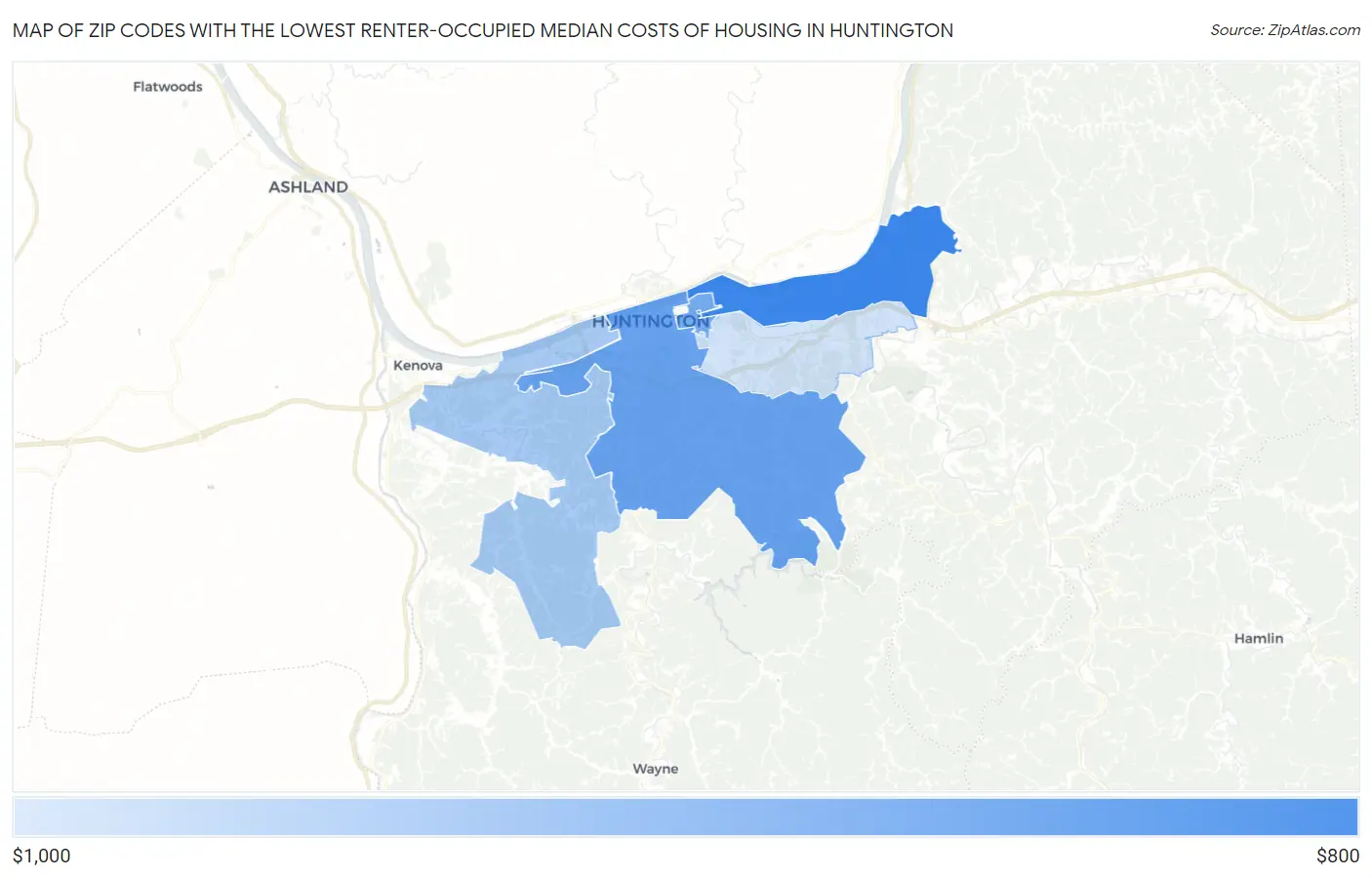 Zip Codes with the Lowest Renter-Occupied Median Costs of Housing in Huntington Map