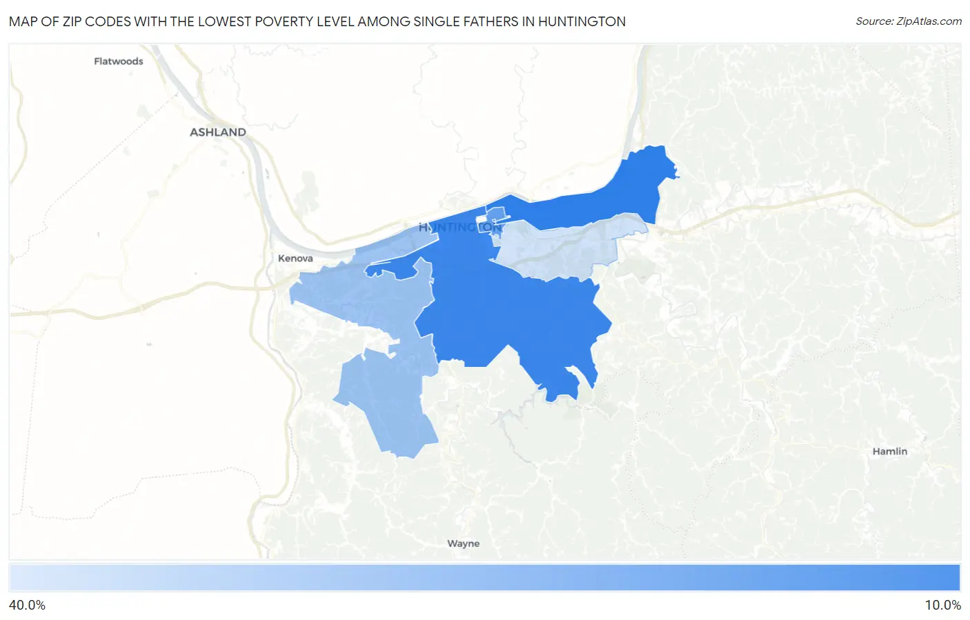 Zip Codes with the Lowest Poverty Level Among Single Fathers in Huntington Map