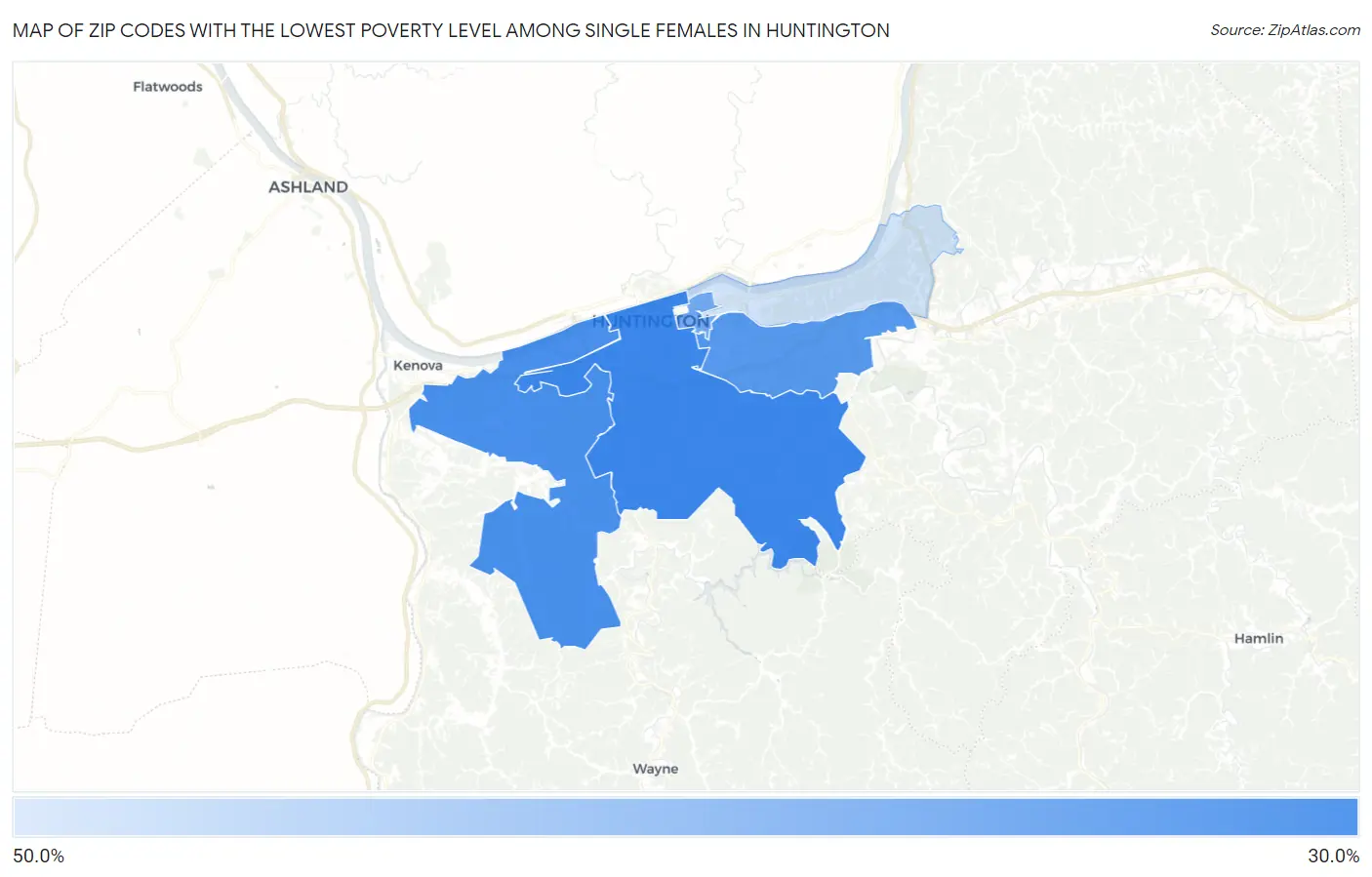 Zip Codes with the Lowest Poverty Level Among Single Females in Huntington Map