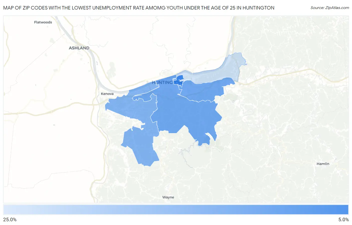 Zip Codes with the Lowest Unemployment Rate Amomg Youth Under the Age of 25 in Huntington Map