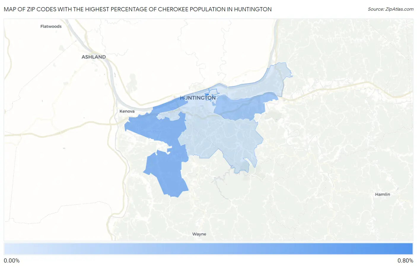 Zip Codes with the Highest Percentage of Cherokee Population in Huntington Map