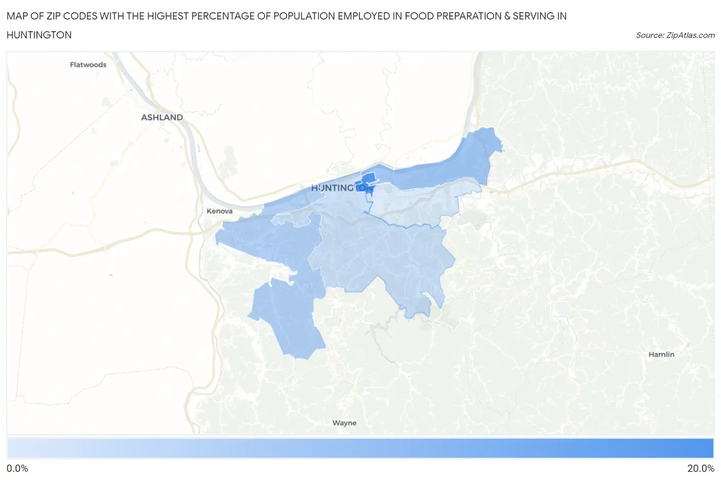 Zip Codes with the Highest Percentage of Population Employed in Food Preparation & Serving in Huntington Map
