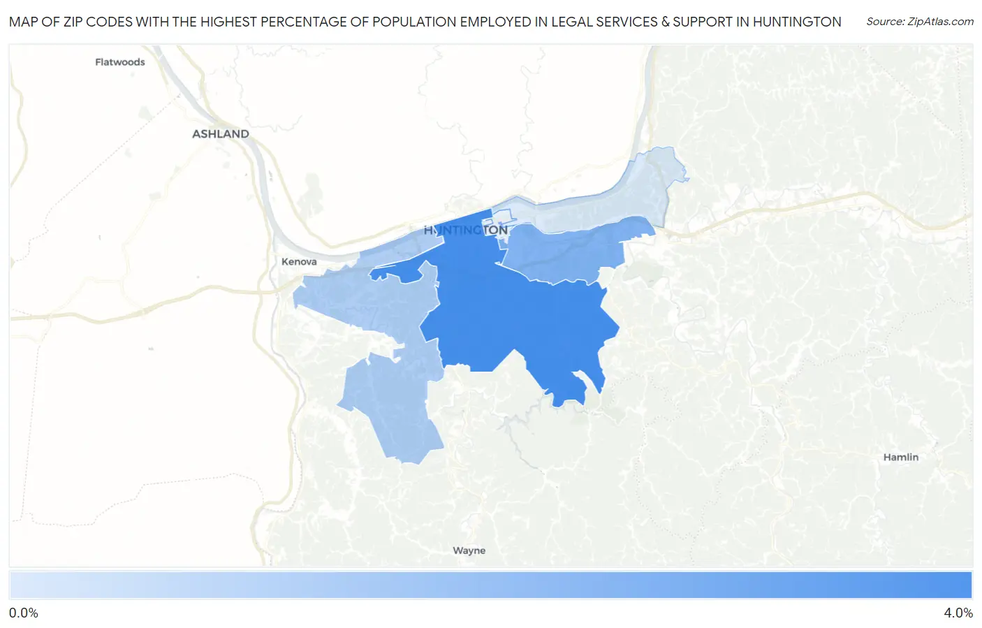 Zip Codes with the Highest Percentage of Population Employed in Legal Services & Support in Huntington Map